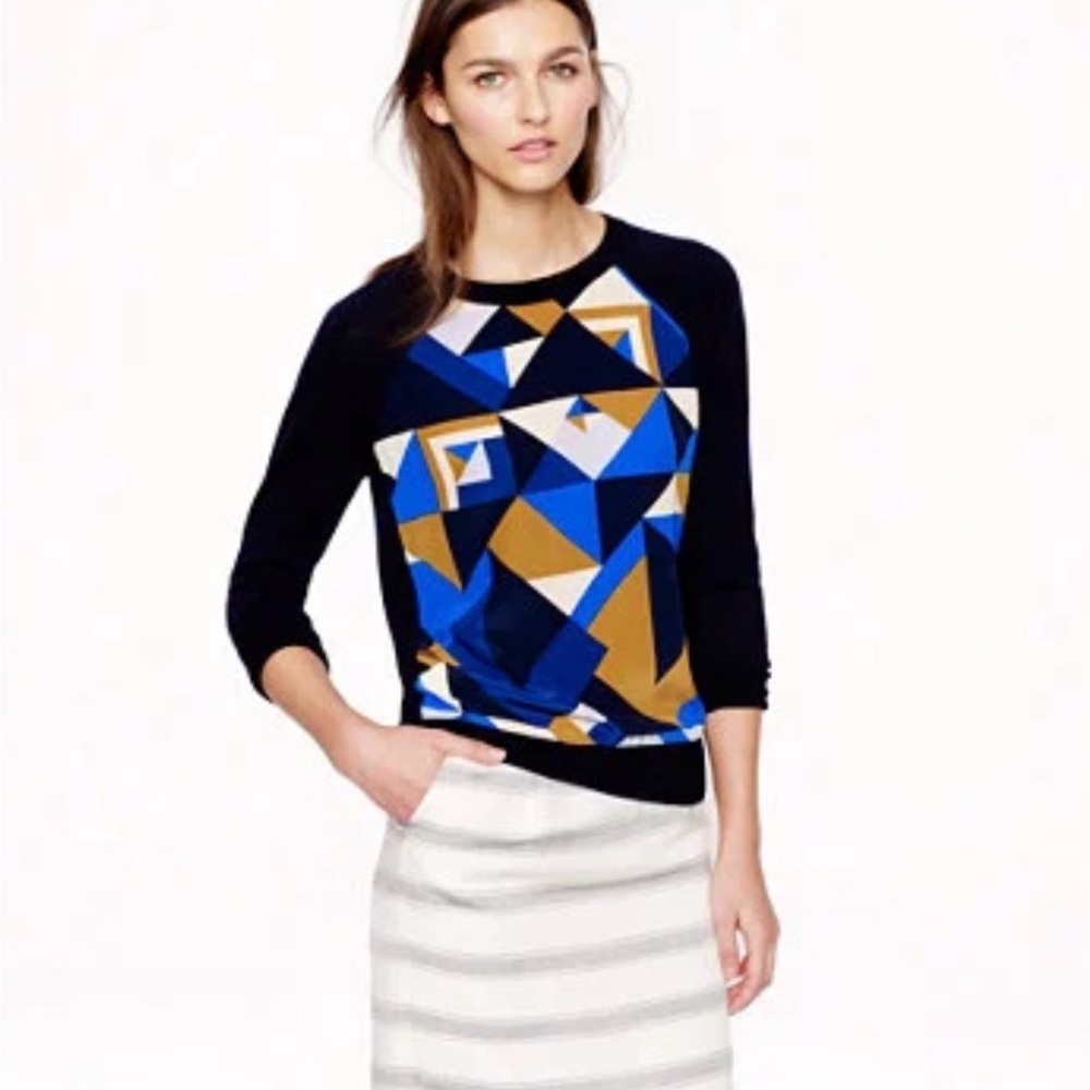 J. Crew Navy Merino Wool Silk-Panel Sweater in Cubist‎ Print - Medium